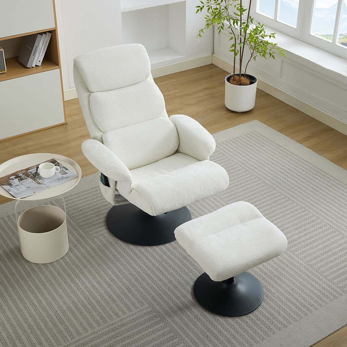 BLACKCOLORS Relaxfauteuil met kantelfunctie en 5-punts massage, tv-fauteuil met elektrische verwarming en voetsteun, 360° draaibaar, wit chenille