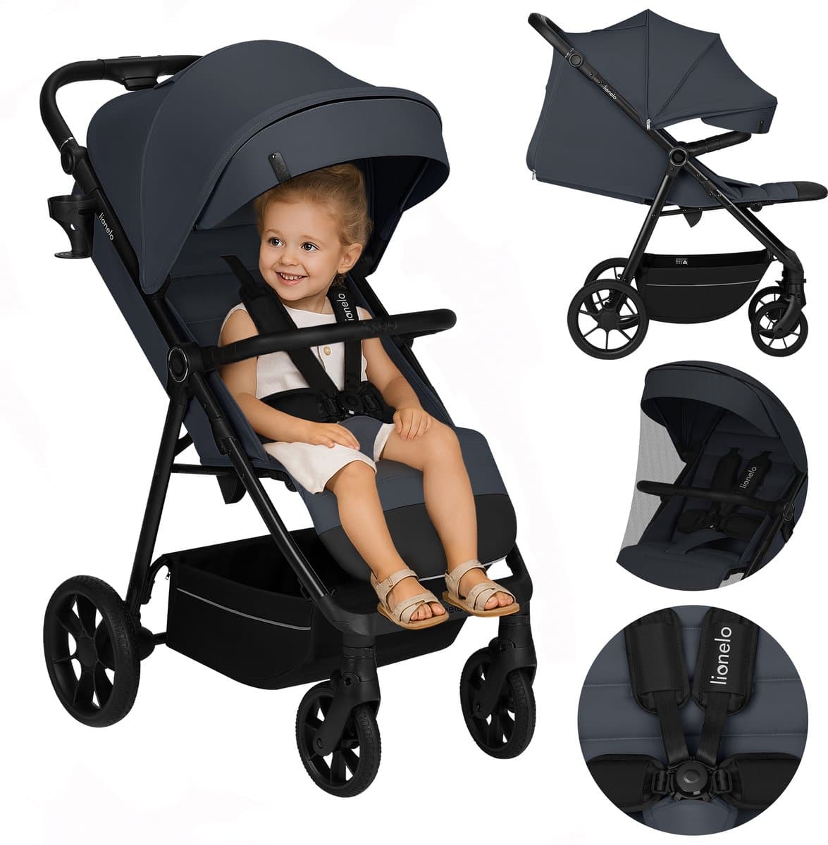 Lionelo Iva - Wandelwagen & Buggy Premium - 6 maanden 4 jaar (tot 22 kg) - 360° Zwenkwielen met Vering - Magnetische Gordel - XXL Zonnekap UPF50 - Verstelbare Rugleuning, Voetsteun & Duwbeugel - Grote Boodschappenmand - Stad & Terrein - Kinderwagen