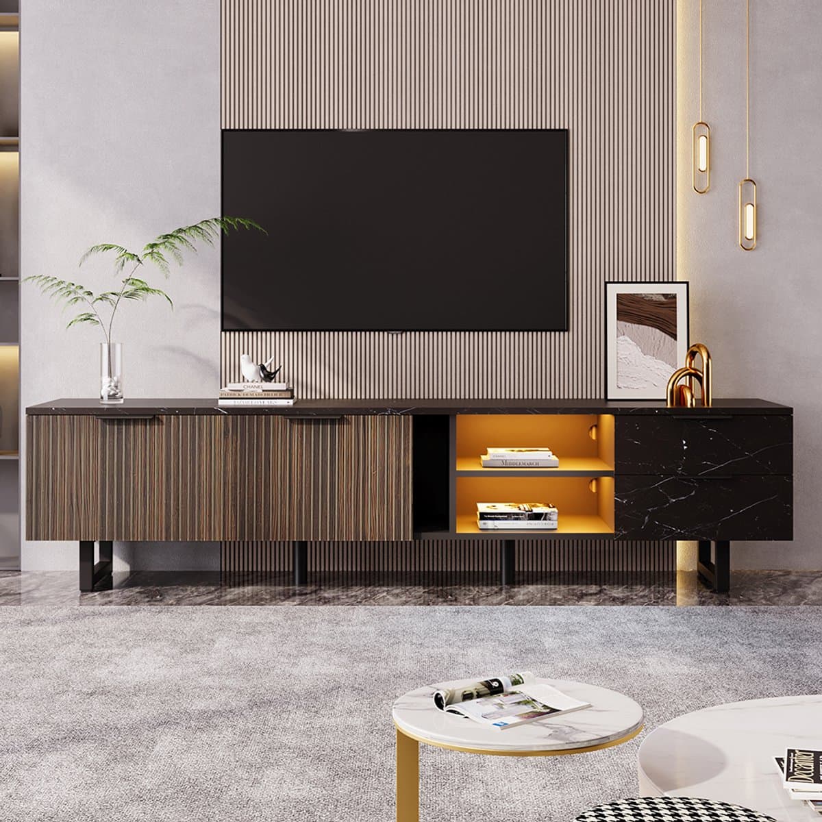 Pugsdrly Modern - TV-kast 200 cm - Zwarte marmerlook & donker hout - Met verstelbare ledverlichting - 2 deuren + 2 lades, geschikt voor robotstofzuiger