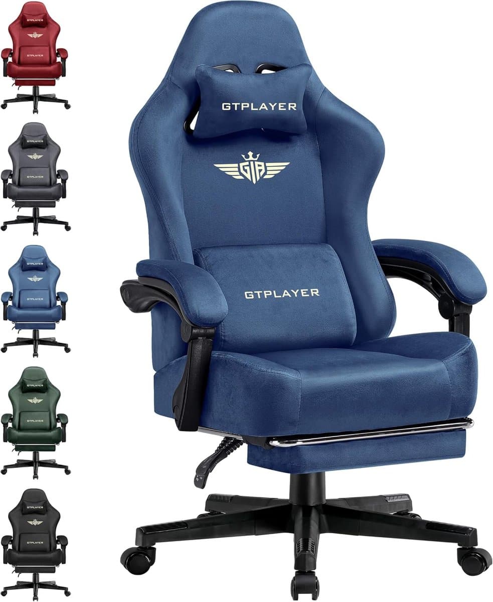GTPLAYER - Gamingstoel Bureaustoel - Met 160° Verstelbare Rug en Voetensteun - Blauw