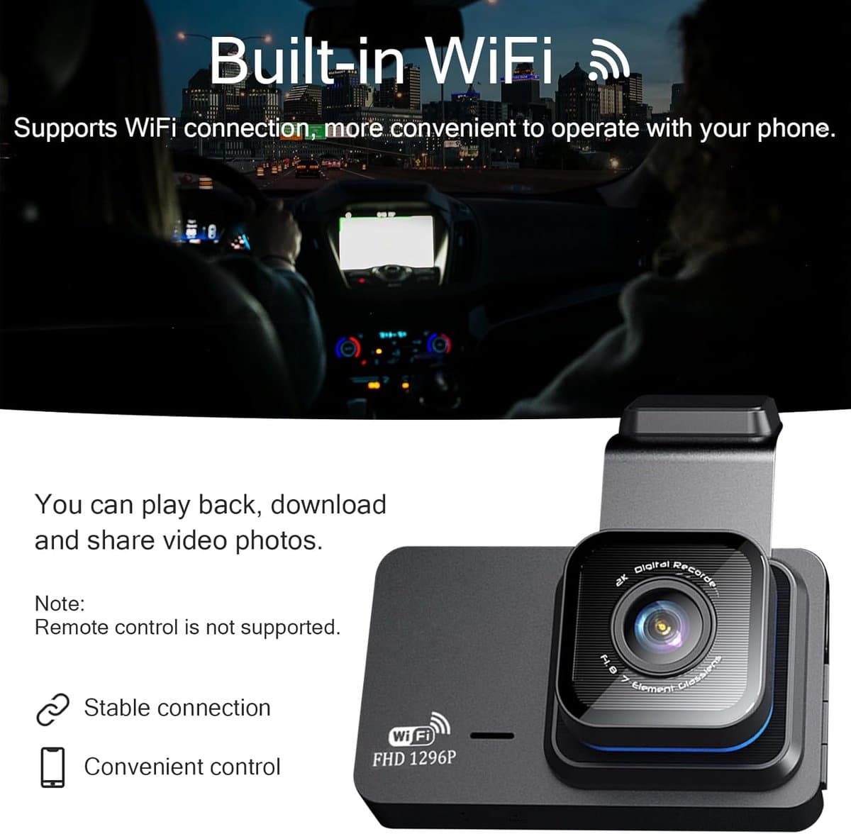 Dashcam Auto 1296P dashcamera, voor full HD dashcamera, auto, met 32G SD-kaart, 3,0 inch IPS-scherm, dual camera met wifi, GPS, 480p achter, loopopname, 140° groothoek, app-bediening, achteruitrijhulp,