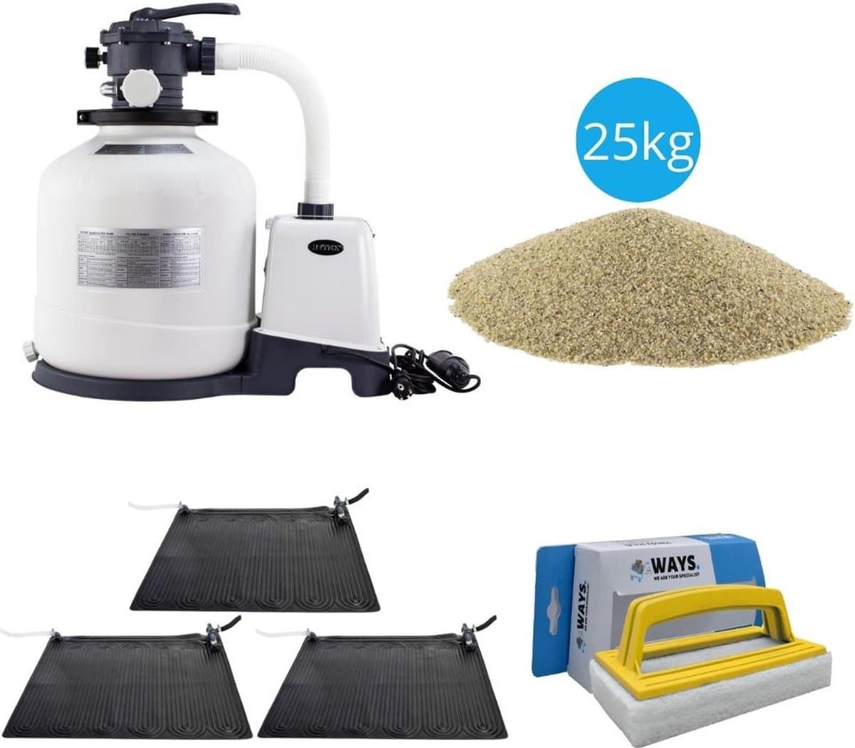 Intex - 3x Zwembad verwarming & Zandfilterpomp 3500 L/u & Filterzand 25 kg & WAYS Scrubborstel