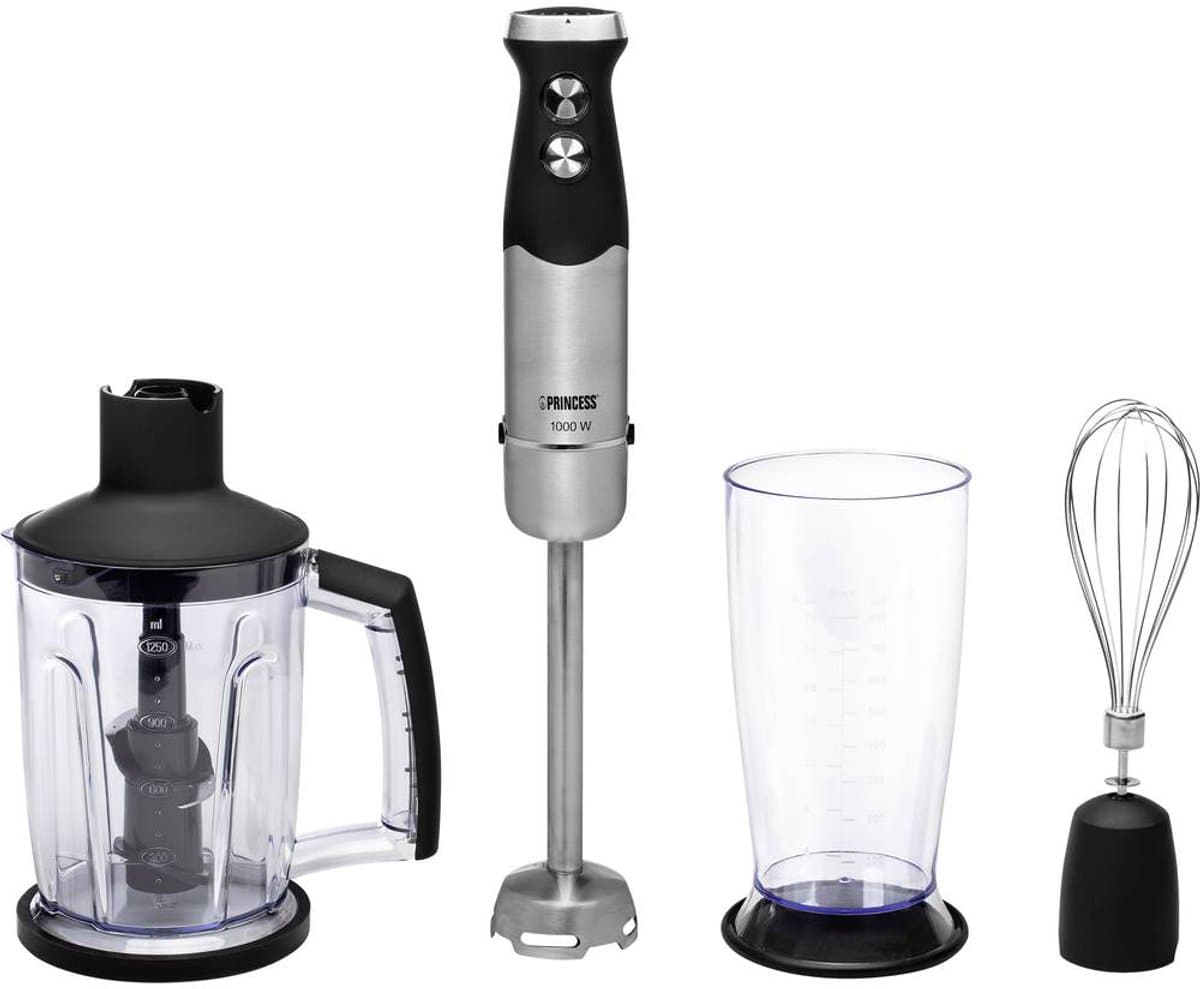 Princess 221221 Staafmixer - Hand blender - Extreem Krachtig – 1000 Watt - 4-in-1 Set - Inclusief Hakmolen, Garde, Mengbeker en Extra lange staaf voor Soep
