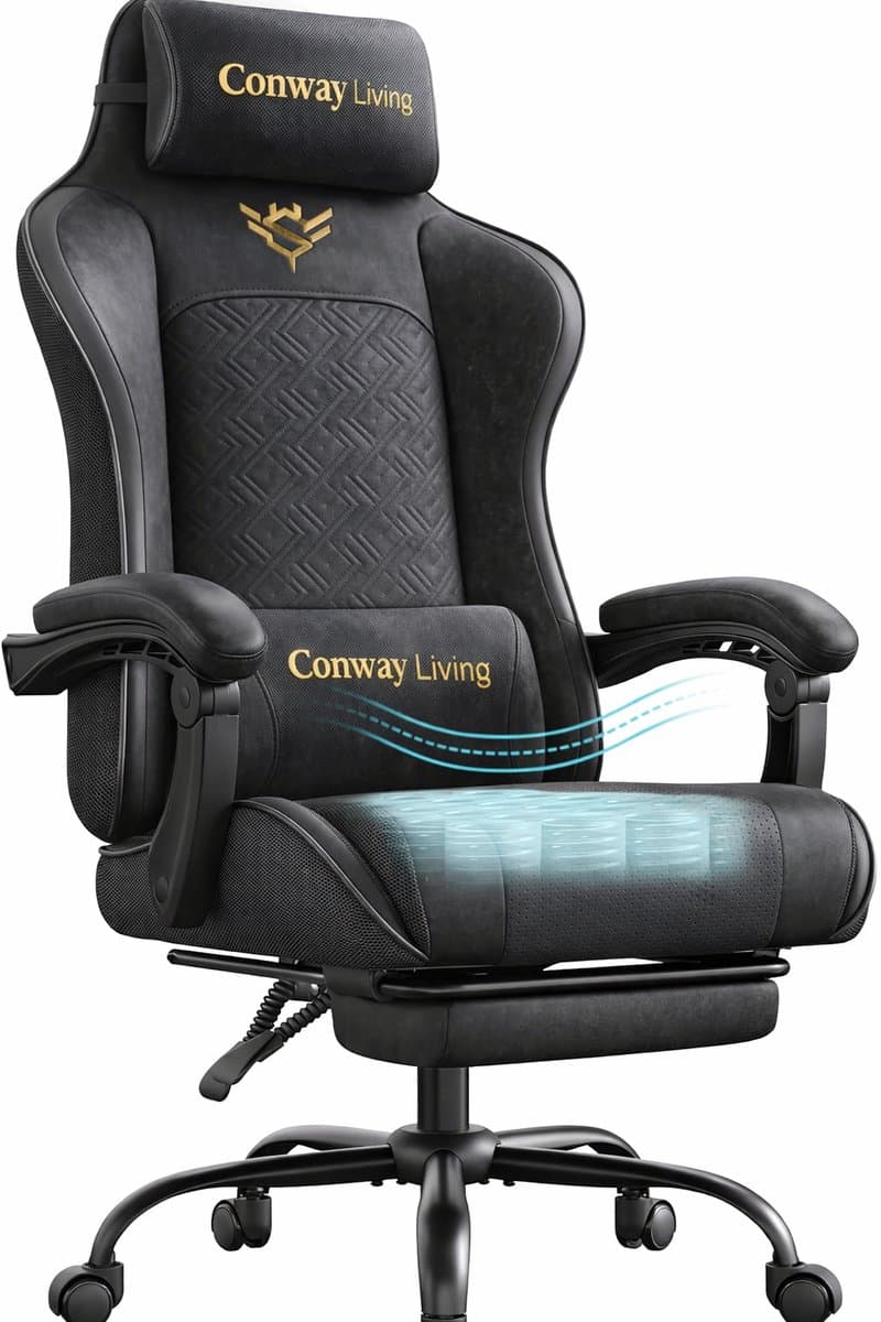 Conway Living® | Bureaustoel Ergonomisch met Verstelbare | Gaming Stoel | Rugleuning 90–135° | Kunstleer | Hoofd- & Lendekussen | Uitschuifbare Voetensteun | Ademend PU | Zwart