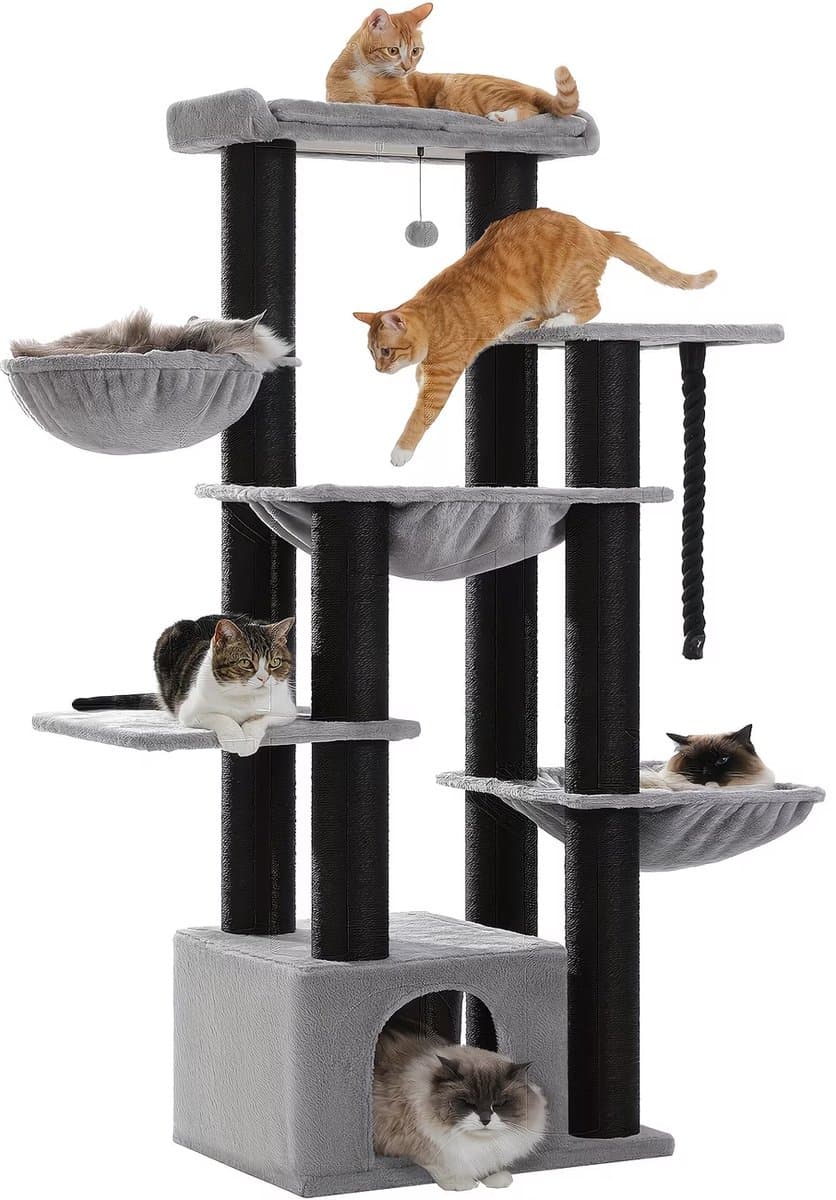 NordPaw® Krabpaal XXL voor Grote Katten 170 cm - Kattenboom met 7 Niveaus - 3 Hangmatten - Extra Groot Kattenhuis - 11 Sisal Krabpalen - Geschikt voor Maine Coon & Meerdere Katten - Zwart/Grijs