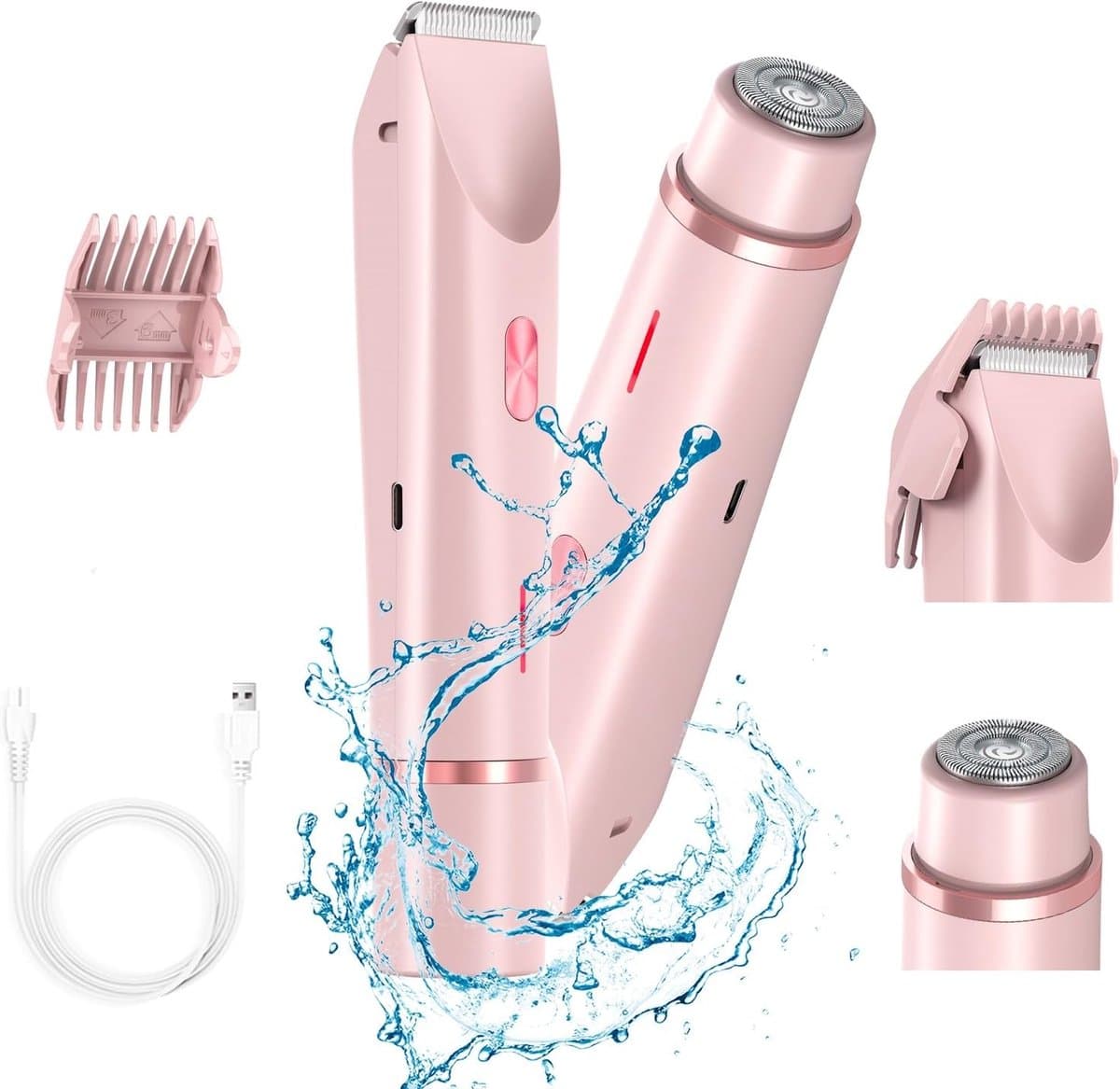 Roze bikin trimmer voor vrouwen, 2-in-1 bikin scheerapparaat met dubbele kop en lichaamsscheerapparaat, draadloze en waterdichte elektrische bikin trimmer voor vrouwen, pijnloze ontharing met een zijdezachte, glanzende finish.
