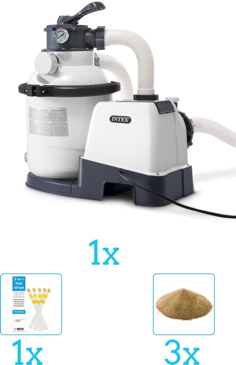 Intex 26644GS Zandfilterpomp - SX1500 - 4000 liter per uur inclusief Filterzand (3 stuks) en Testrips