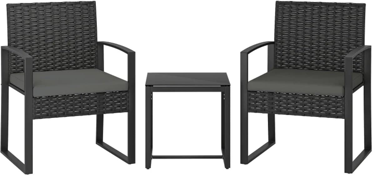 Bistroset - Tuinmeubel 3-delig - Tuinset van Rotan - Balkonset voor 2 Personen - Tuinmeubelset met 2 Stoelen + Tafel + Afneembare Kussens - Zitgroep - Meubel - Loungeset - Meubelsets - voor Tuin, Balkon, Terras - Donkergrijs