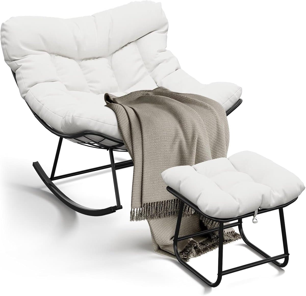 Schommelstoel voor Buiten met Voetenbank - Tuinstoel incl. Kussens - Ergonomische Loungestoel - Weerbestendig Metaal - Balkon, Tuin & Terras