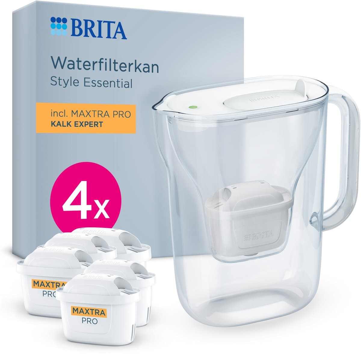BRITA Waterfilterkan Style Essential Cool - 2,4L - Wit - incl. 4x MAXTRA PRO Kalk Expert Waterfilterpatronen - past in de koelkast, met Smart LED Light & klapdeksel