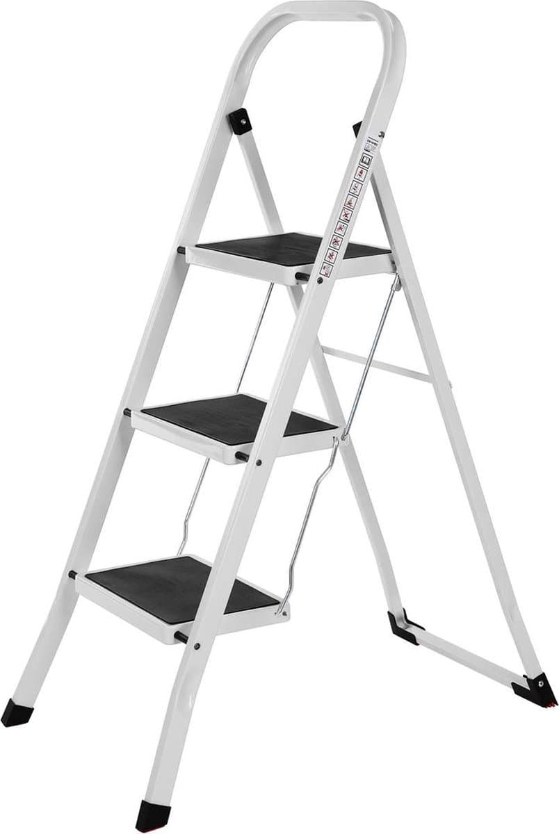 Trapladder - Keukentrap - Vouwladder - Huishoudtrap 3 treden - Antislip - Max. 150 KG - Staal - Wit - Zwart