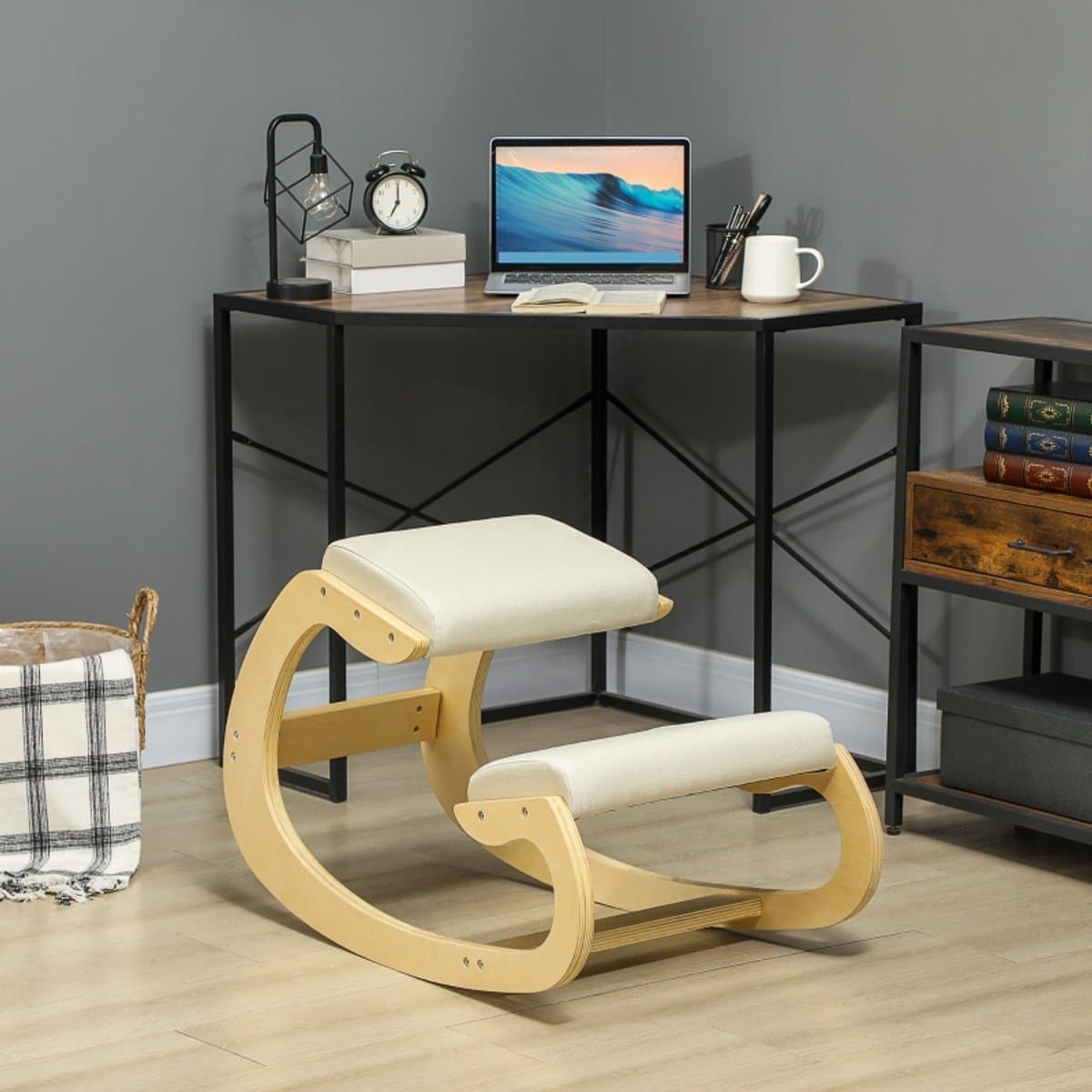 MODENUIT Kniestoel 55 x 85 x 55 cm - Schommelend Ergonomisch Ontwerp - Voor Thuiswerk en Meditatie - Hout Crèmewit