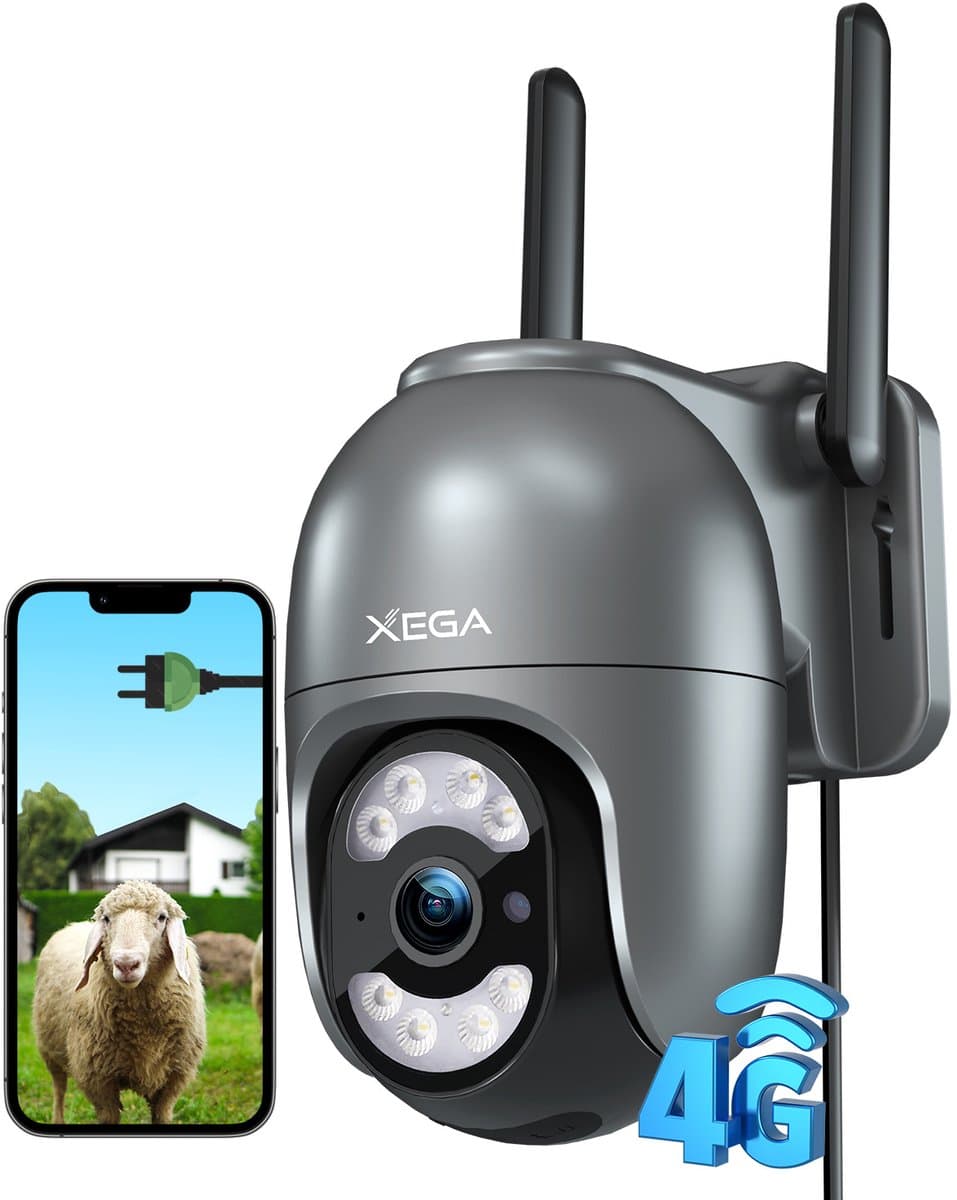 Xega 4G Buiten Beveiligingscamera met SIM Kaart - 24/7 Continue Opname Mensendetectie & Automatische Tracking, 2K HD Nachtzicht, IP66 Waterdicht Buiten Camera
