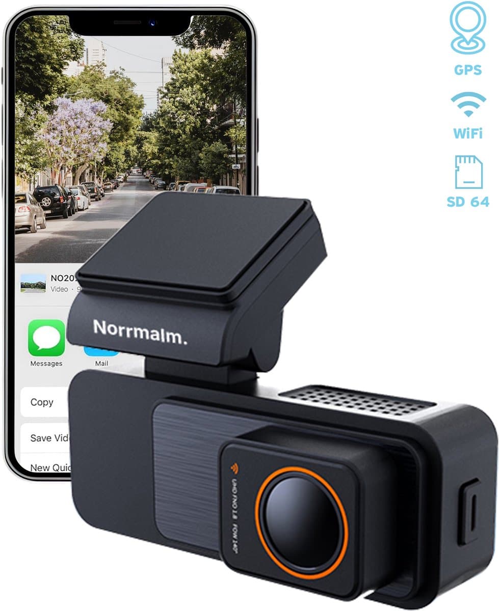 Norrmalm® Dashcam voor auto - 4K - WIFI - App (iOS & Android) - 64GB SD-Kart - Voor & achter camera - G-sensor - Loop opname - Zwart