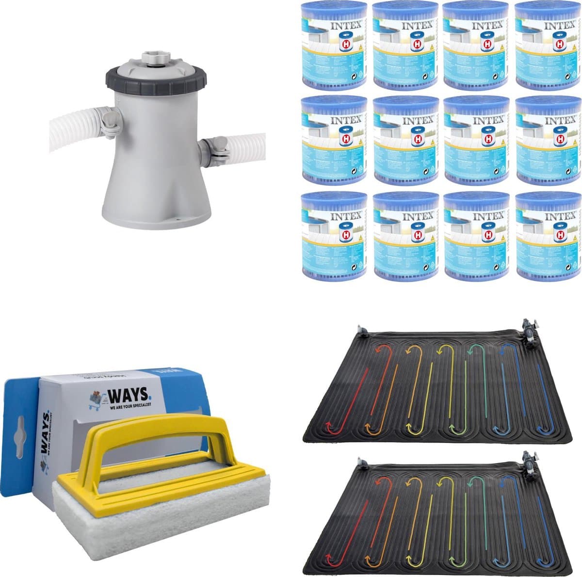 WAYS - Zwembad Onderhoud - 2x Zwembad Verwarming & Filterpomp 1250 L/u & 12 Filters Type H & WAYS Scrubborstel