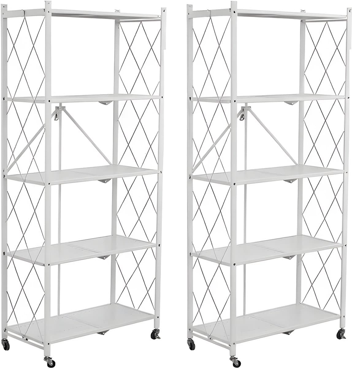 FOXSPORT Inklapbare stellingkast -5 plank kast - Opbergplanken - Met 360° wielen - 2 stuks - Open Vakkenkast - Keuken Opslag - Keuken Organizer - Stevig Opbergrek Magnetron - Keukenrek - Roestvrij Staal - Industrieel - 71.5x36.5x163cm - Wit