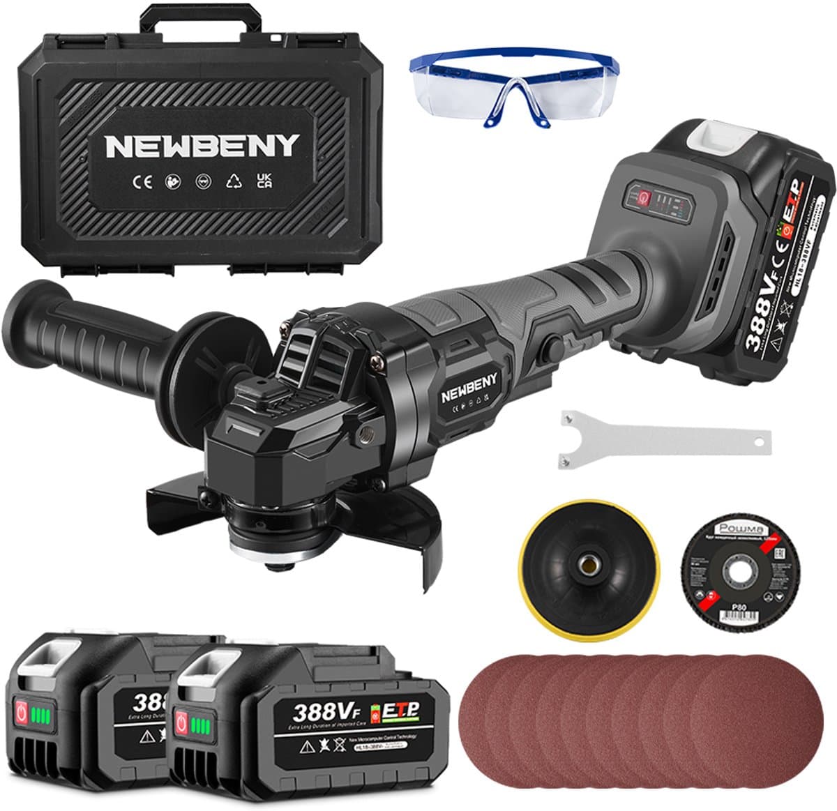 NewBeny Accu Haakse Slijper 125 mm - Borstelloze Slijpmachine - met 2 x 3000 mAh accu - 600W Polijstmachine - 3 versnellingen - voor scheiden, slijpen, polijsten
