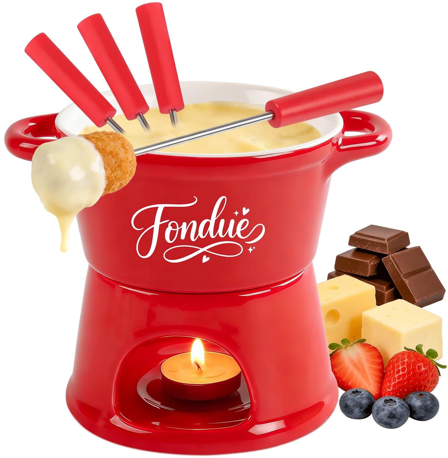 Keramische Kaasfondueset met Mini-Chocoladefonduebeker en Vorken