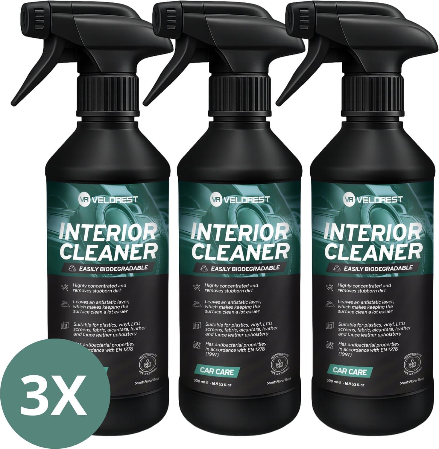 Velorest Interior Cleaner 3 x 500ML - Interieur Reiniger - Bekleding Reiniger Auto - Car Cleaning - Dashboard Reiniger - Interior Cleaner Auto - Interieurspray Auto