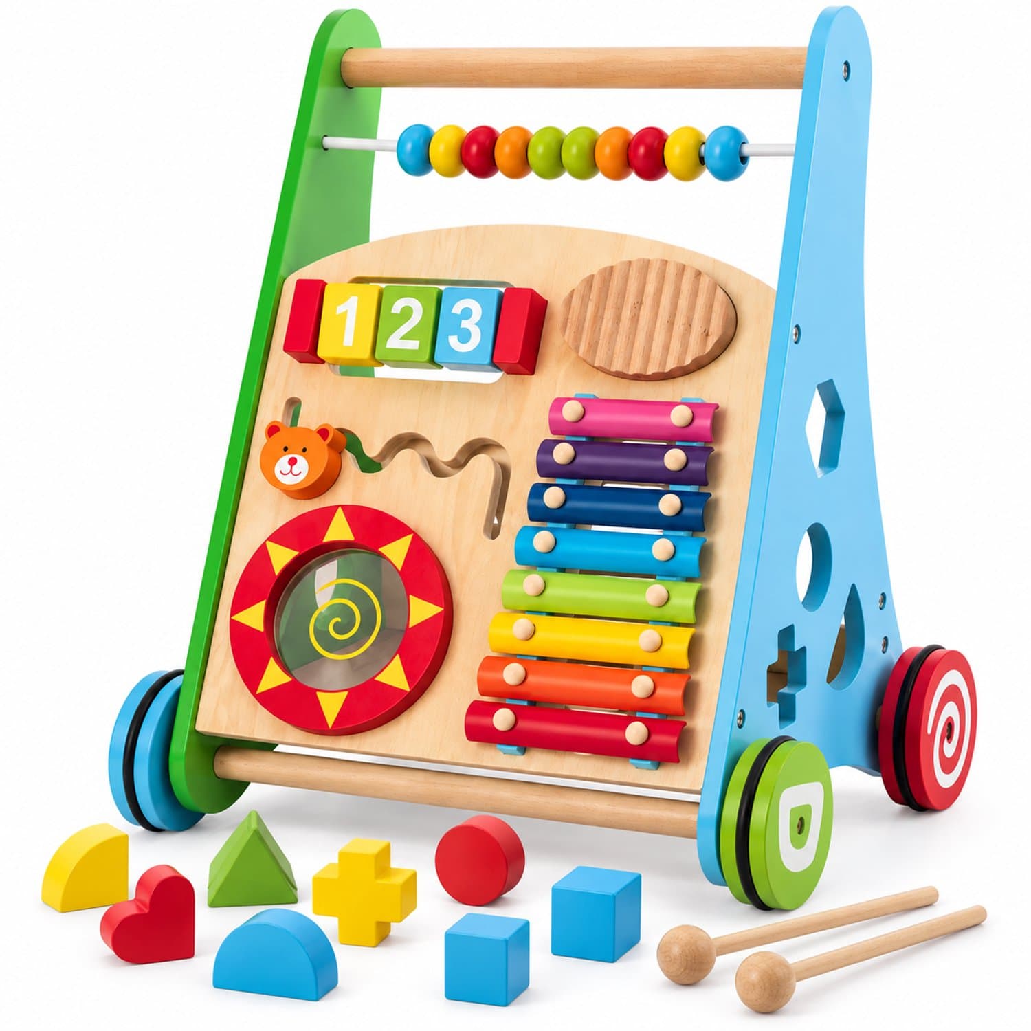 Rijoka Loopwagen Hout voor Baby +/- 1 jaar | Babywalker | Educatieve looptrainer | Anti-Slip wieltjes | 38 x 32 x 46cm| Multicolor