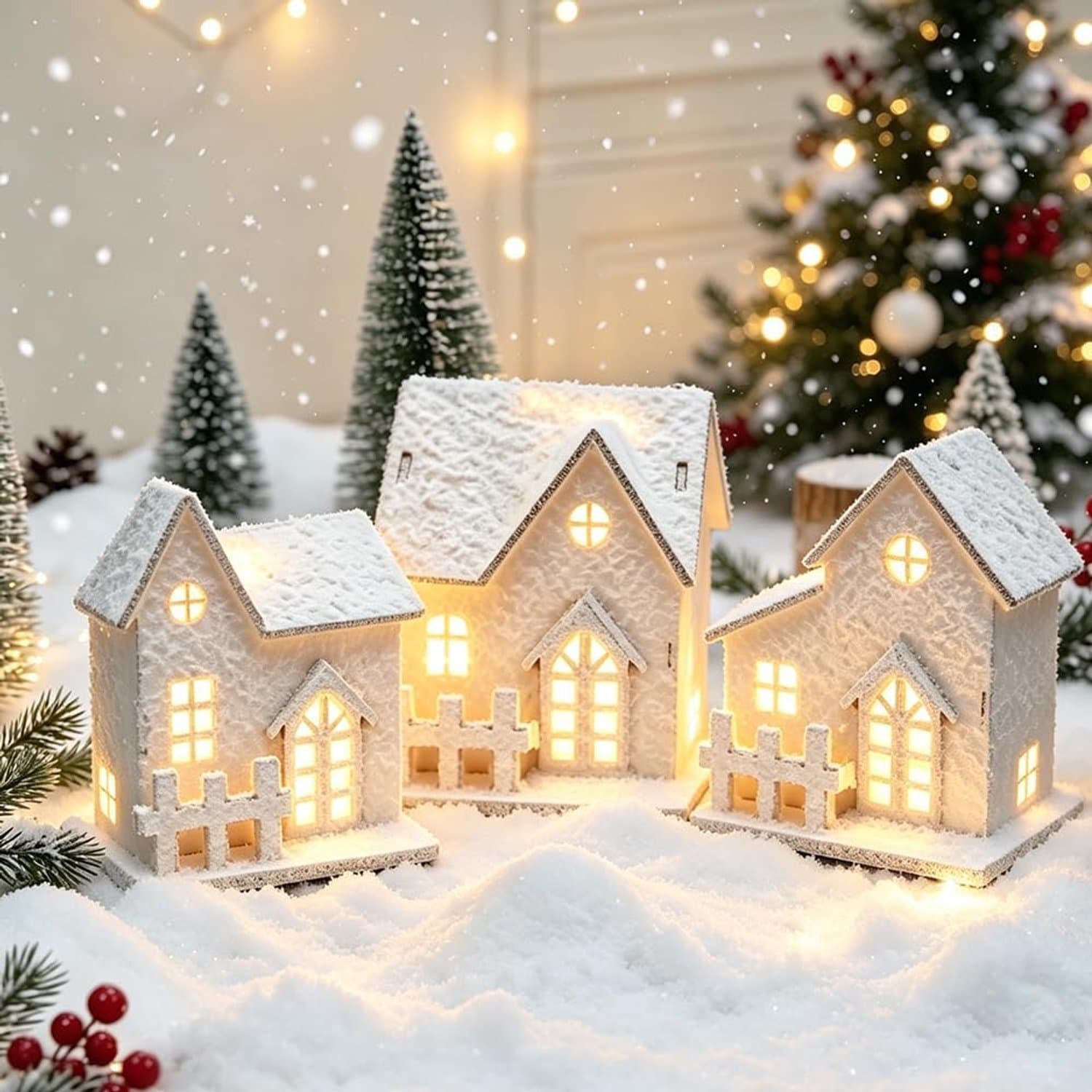 Kerstdorp met verlichting, 3 stuks, kersthuis verlicht, kerstdecoratie hout, led, binnen, kabouterhuis met licht, kerststad kerstdecoratie Amerikaans, kersthuizen Kerstmis