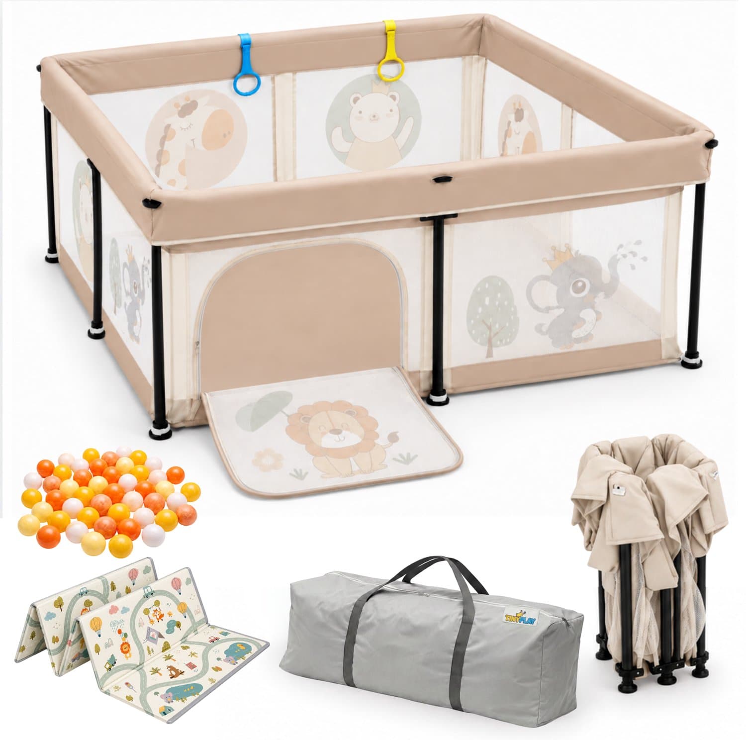 TinyPlay Grondbox baby - zeer snel inklapbaar - 120x120x65 cm - met Speelmat & Speelballen - Opvouwbare box - Kinderbox - Speelbox - Playpen - Ballenbak - Kruipbox - Beige