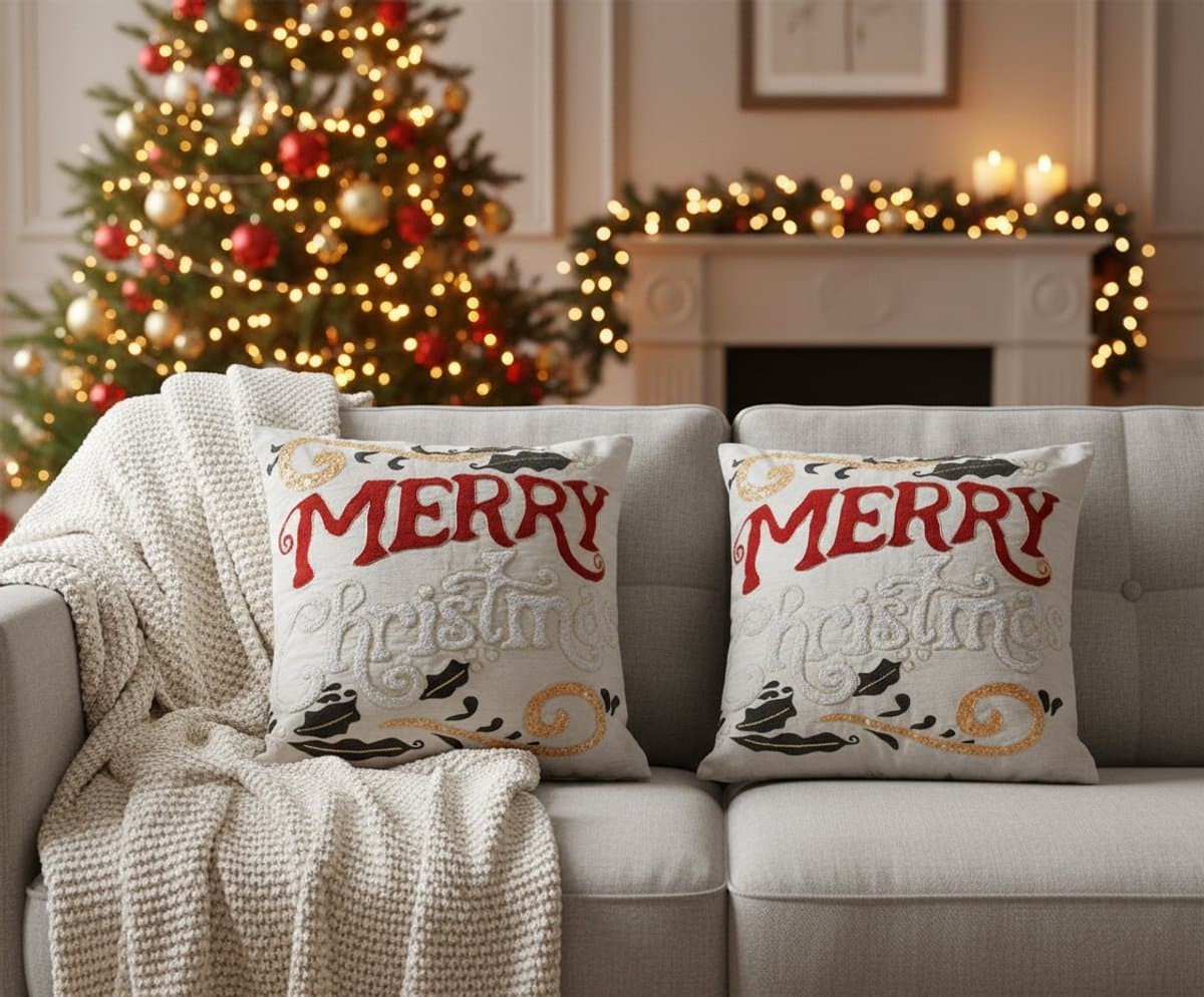Kerstkussen Set van 2 Kerst Kussenhoezen Vierkant - Kerst Kussenhoes - Kussenhoesjes voor Kerst - Kerstkussens met Borduurwerk & Kralenwerk Merry Christmas met Hulst - 45x45 cm - Katoen/Linnen - Voor Binnen - Rood/Wit - Zonder Binnenkussen