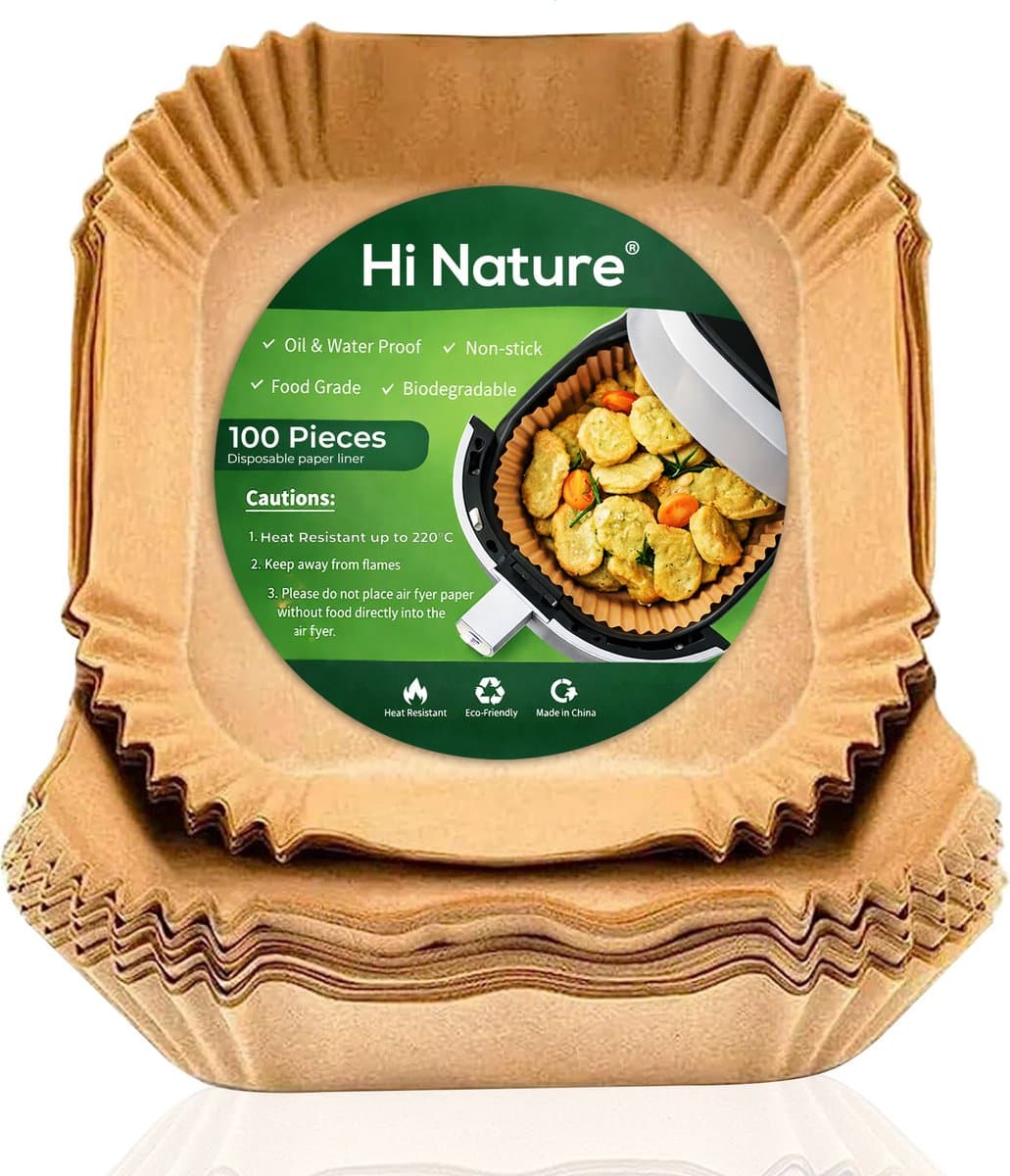 HI NATURE™ Bakpapier - Airfryer Bakpapier - 100 Stuks Vierkant - Wegwerpbakjes - Airfryer Accesoires - Heteluchtfriteuse - Luchtfriteuse Wegwerp Bakjes | Geschikt voor Airfryer XL en XXL- 20 tot 24 cm