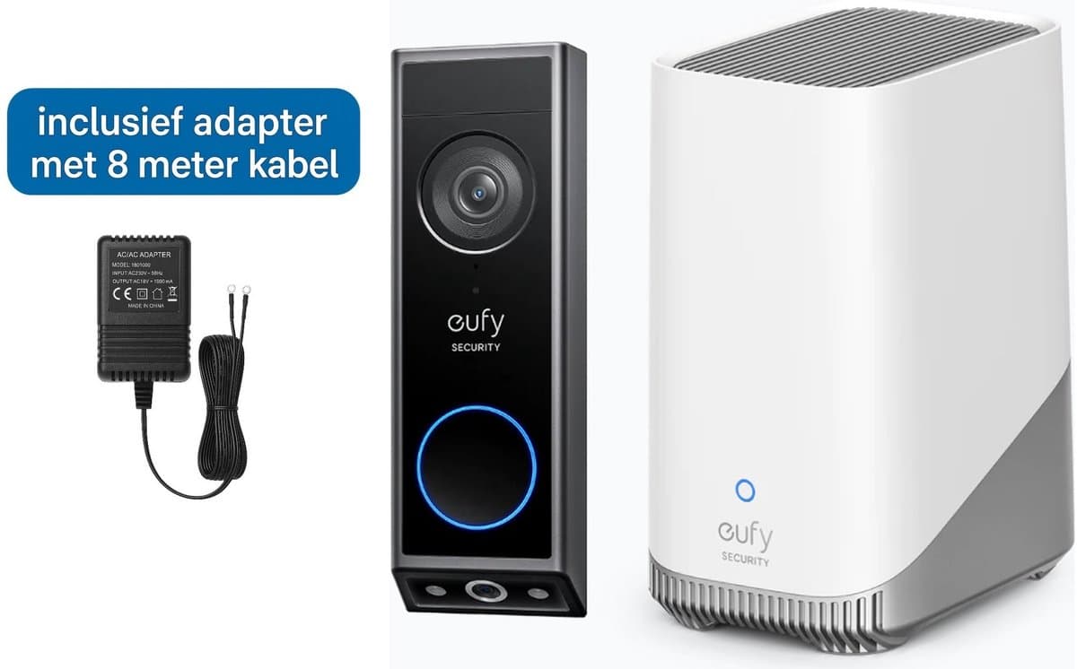 eufy Security E340 Video Deurbel + HomeBase 3 S380 – Video Doorbell - Dual-Cam technologie, 2K Full HD-resolutie, kleur nachtzicht, AI-pakketdetectie + deurbel adapter met 8 meter kabel - Bundelvoordeel