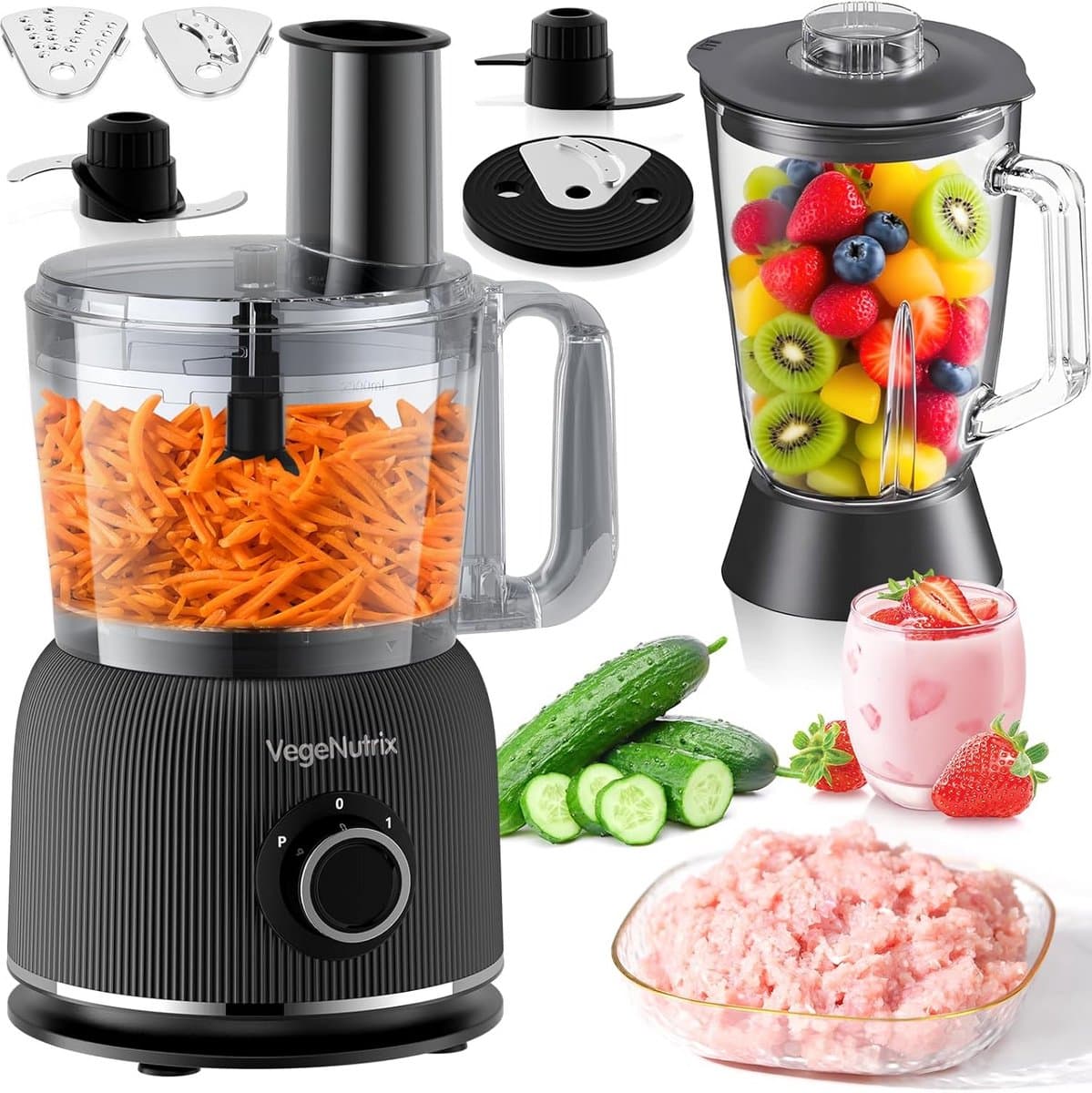 Krachtige Keukenmachine met Blender en Hakmolen - 1500W RVS Mixer met Glazen Kan
