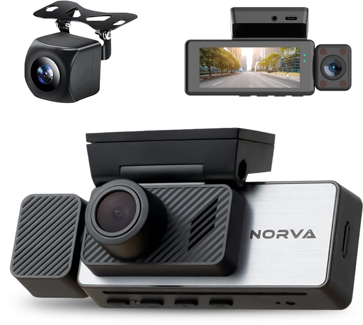 Norva - Dashcam voor Auto 3 in 1 - 4K Ultra HD - Voor en achter + binnen camera - Wifi & GPS - Nachtzicht - Besturing via app - 170 graden kijkhoek - G-sensor - loop recording - Incl. 64GB SD-kaart