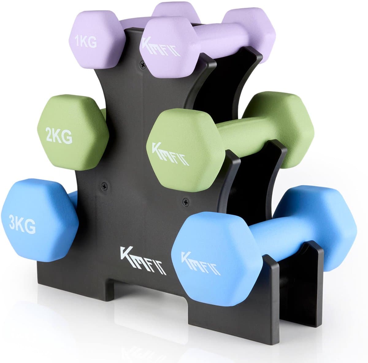 KM-Fit halterset 12 kg | Neopreen dumbbells 1–3 kg met standaard | Home Gym