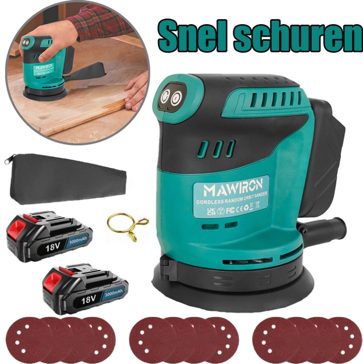 Draadloze schuurmachine met 2 stuks 18V 3000mAh-accu's, 125mm 13000tpm 3-variabele snelheid excentrische schuurmachine, 12 schuurbladen, efficiënt stofafzuigsysteem, ideaal voor doe-het-zelf projecten, afschuren en afwerken van hout