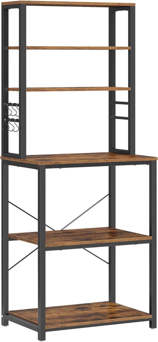 Queen keukenrek - staande keukenkast - magnetron kast - met 6 haken - industrieel - vintage bruin-zwart - 80 x 40 x 167 cm
