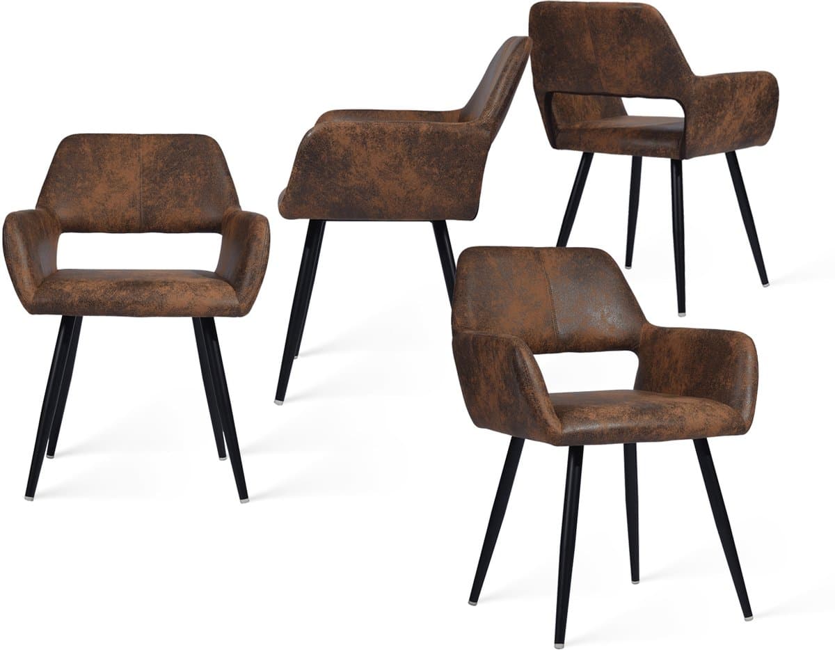 MEUBLES COSY Eetkamerastoel- Set van 4- Koffie-Dik gevoerde Kunstleder/Leer Stoel-Met armleuning-Vintage-met rugleuning- Keukenstoel - Kuipstoel - Woonkamerstoelen