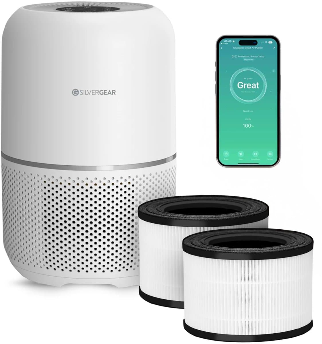 Luchtreiniger Pro met App Combideal 2x Vervangbare HEPA 13 Filter en UV-Lamp - Air Purifier - 165m3/u - Air Cleaner - 4 Standen - Koolstoffilter - Tegen Hooikoorts, Huisstofmijt, Allergie, Stof, Geur, Rook - Wit - Silvergear