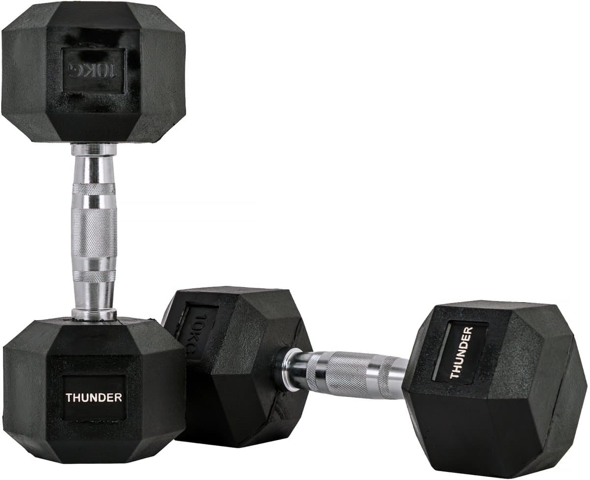 THUNDER® HEXAGONAL-DUMBBELLS-10KG Zwarte Rubberen Halter Stalen Kern Voor Krachttraining & Fitness Antislip Duurzaam & Professioneel Per Stuk - Stevige Grip