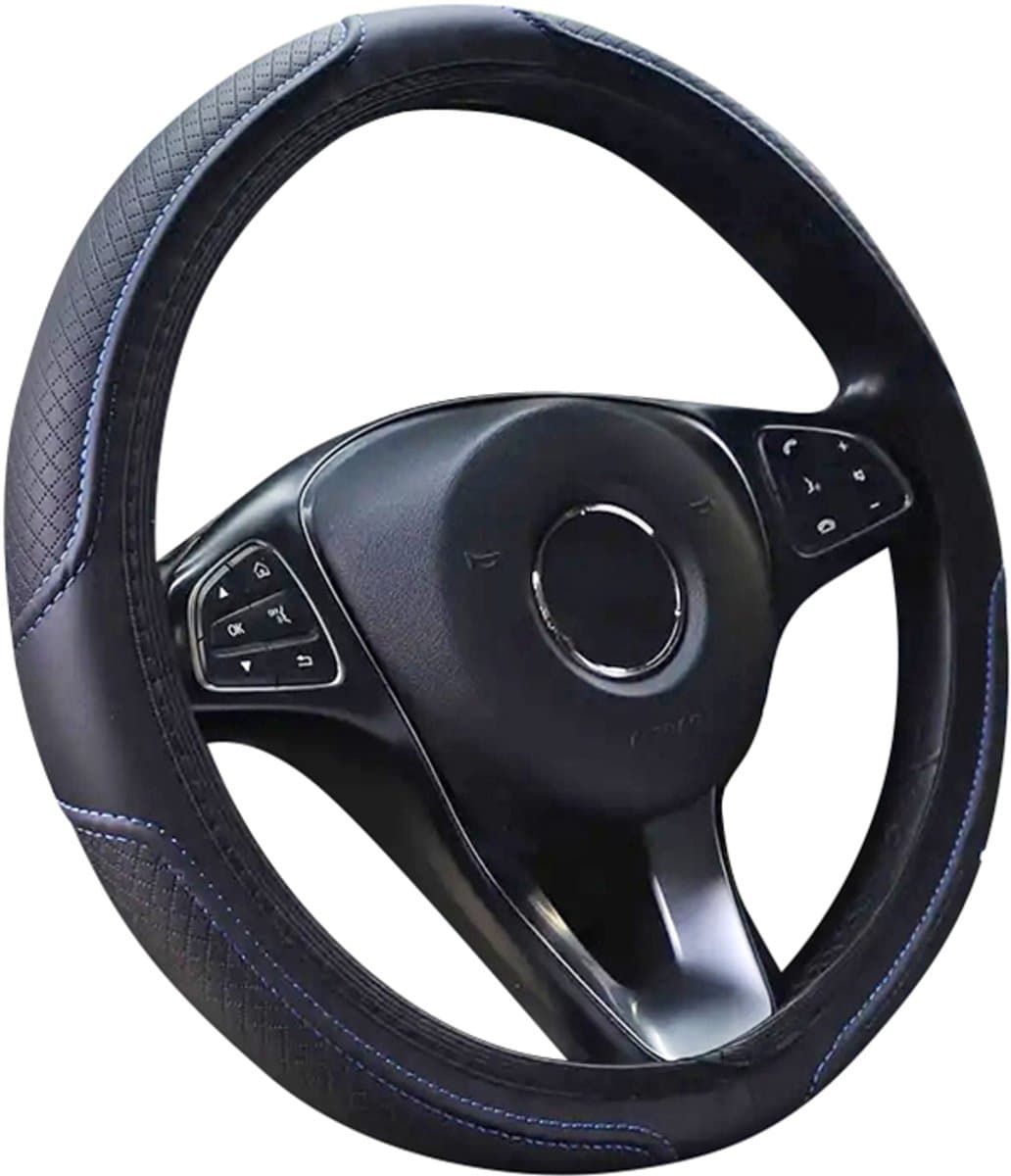 Stuurhoes Auto 37-38 cm - Geruit Zwart met Blauw Stiksel - Kasey Products