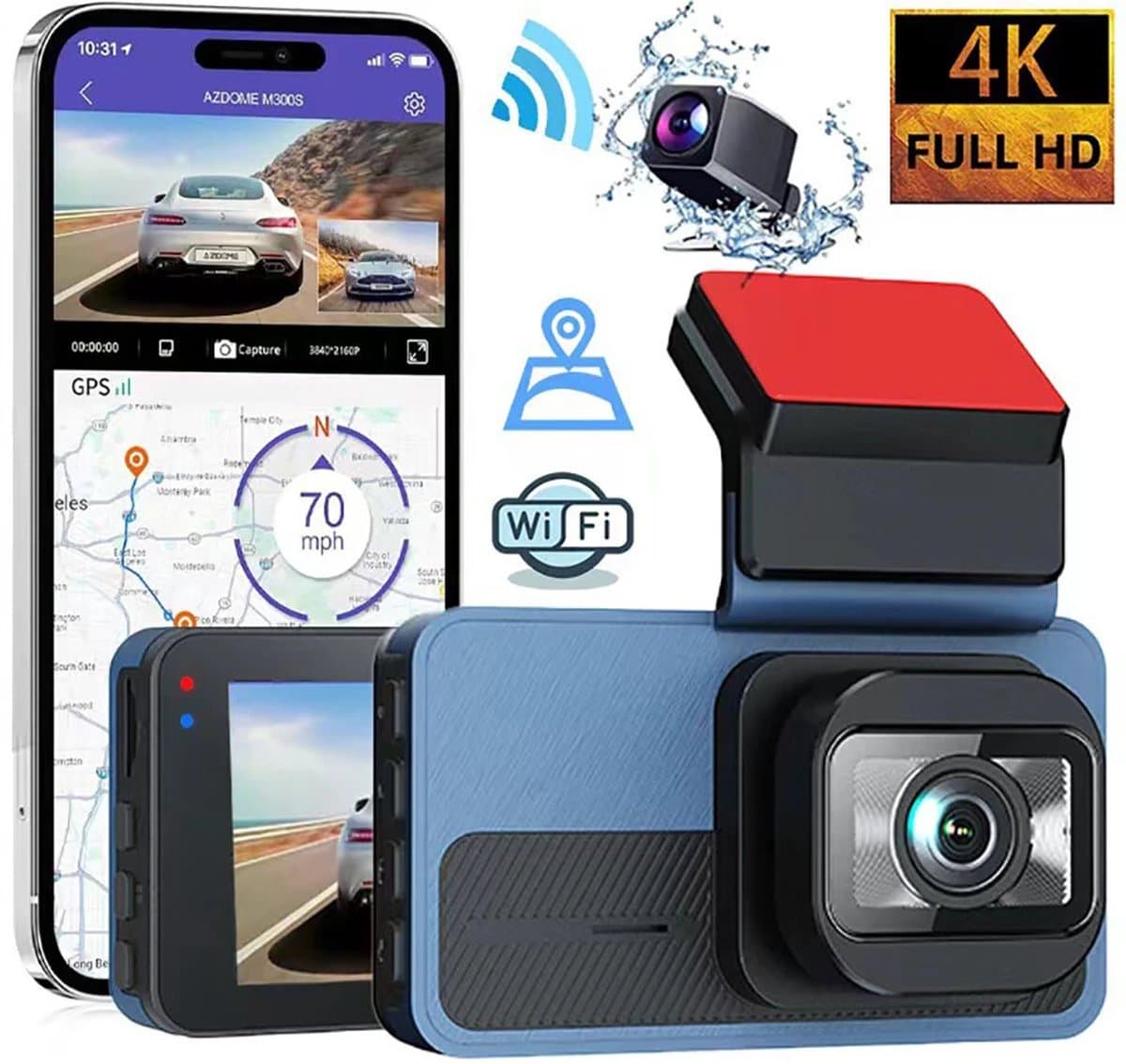 Auto DVR-camera - Dashcam - 64G, Full 4K HD 1080p, 2 lenzen, WiFi, GPS, parkeerbewaking, 3 inch, 170 graden hoek, Loop-opname, Nachtzicht