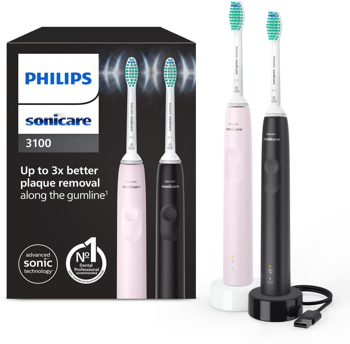 Philips Sonicare Series 3100 - Elektrische tandenborstel - Zwart & Roze - Duopack - HX3675/15