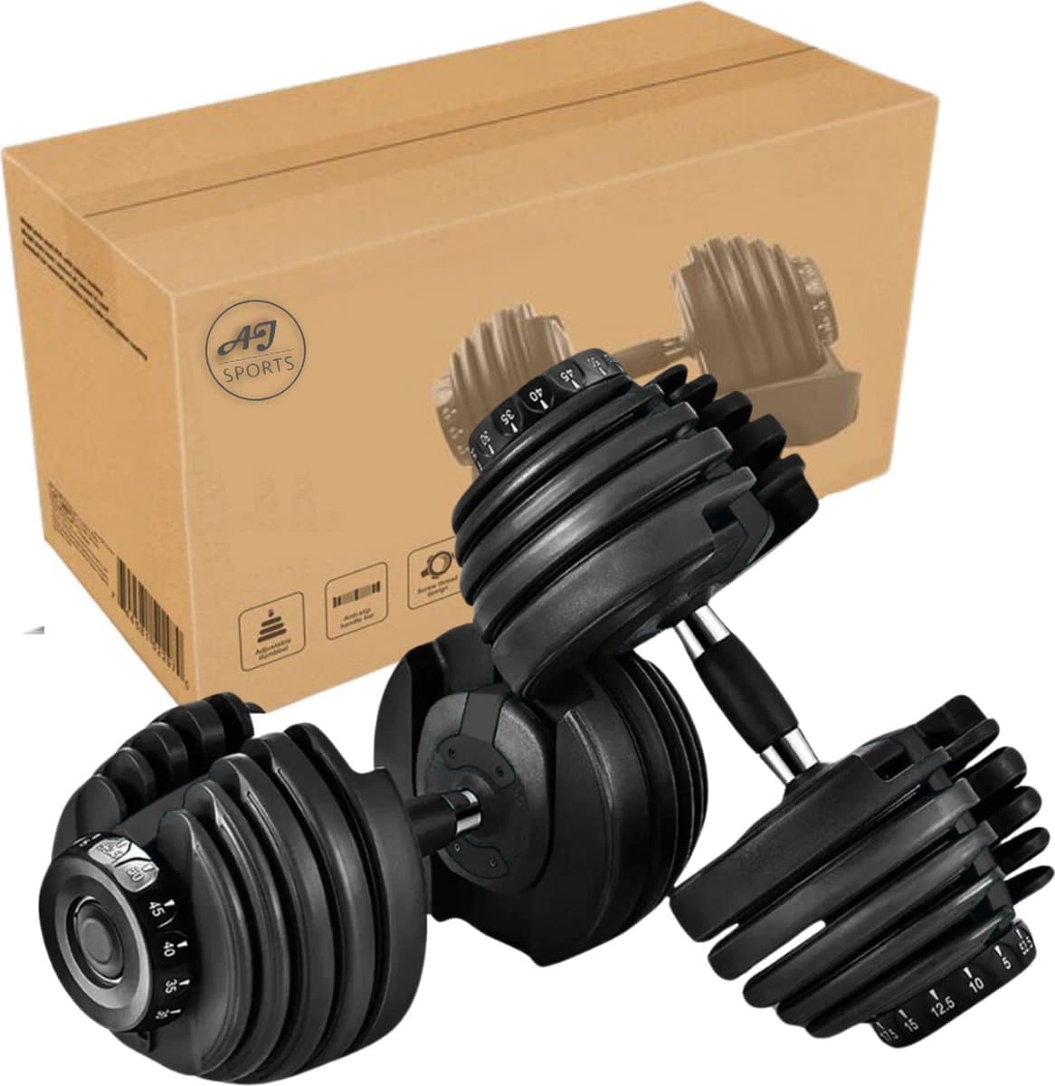 AJ-Sports Verstelbare Dumbells Zwart - 2kg t/m 24kg - Gewichten - Dumbells set - Gewichten set - Smart Dumbells - Halterset - Krachttraining - Fitness - Gym - Sport - Crossfit - 15 Dumbells in één! - Set van 2 Stuks!