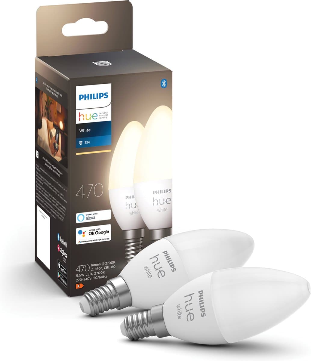 Philips Hue Kaarslamp Lichtbron E14 - zachtwit licht - 5,2W - Bluetooth - 2 Stuks