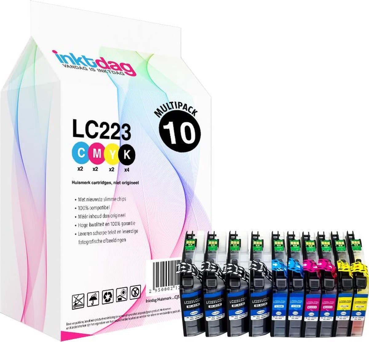 Inktdag inktcartridge voor Brother LC223 LC221 brother inktpatronen multipack van10 stuks (4*BK, 2*CMY) geschikt voor printers Brother DCP-J4120 DW , DCP-J562 DW Brother MFC-J4420 DW , MFC-J4620 DW , MFC-J480 DW, MFC-J485 DW ,MFC-J5320 DW, MFC-J5620