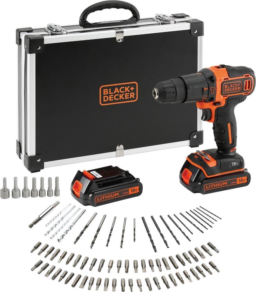 BLACK+DECKER BDCHD18BAFC-QW Accu Klopboormachine - 18V - 2 accu's en lader - incl. 80 accessoires - voor hout, steen en metaal - Klopfunctie - Accu boormachine - BDCHD18BAFC-QW