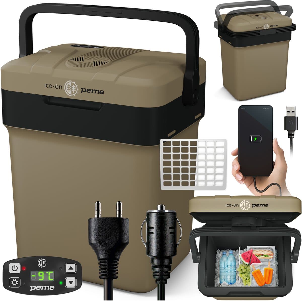 PEME Essential - Elektrische Koelbox - Thermo-elektrisch - 25.7L - 12V Autolader - 220/230V Stopcontact - Koelt en verwarmd Frigobox - Sand Storm