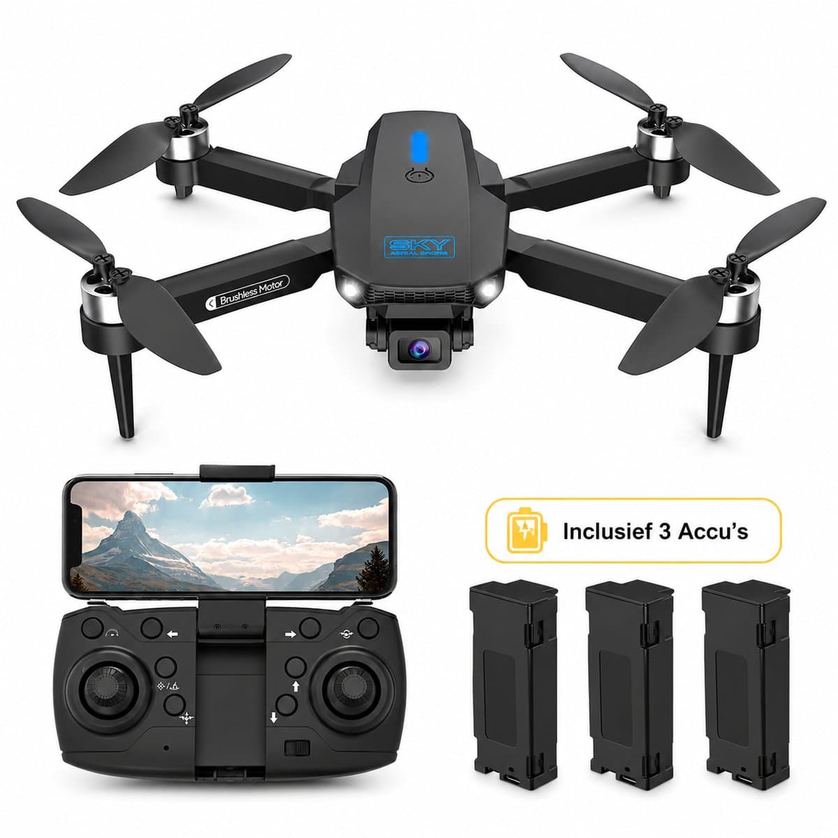 SefSay E88 Max Drone - Drone met dubbele HD camera - Borstelloze motoren - 3 batterijen en een opbergtas - Geschikt voor kinderen en volwassenen