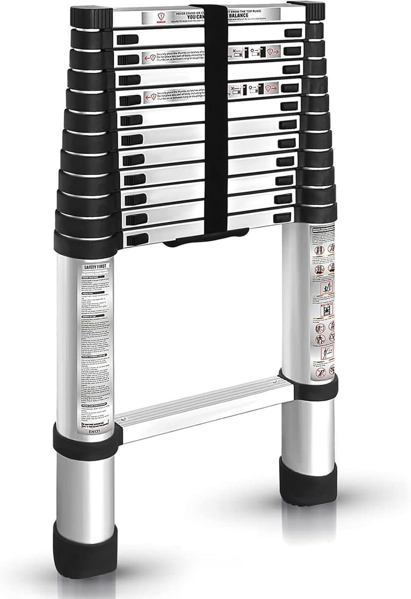 Aluminium telescopische ladder - Vouwladder - Rechte ladder - Trapladder - Schuift naar binnen - Uitschuifbaar - Multifunctioneel - Opvouwbaar - 3,9 meter