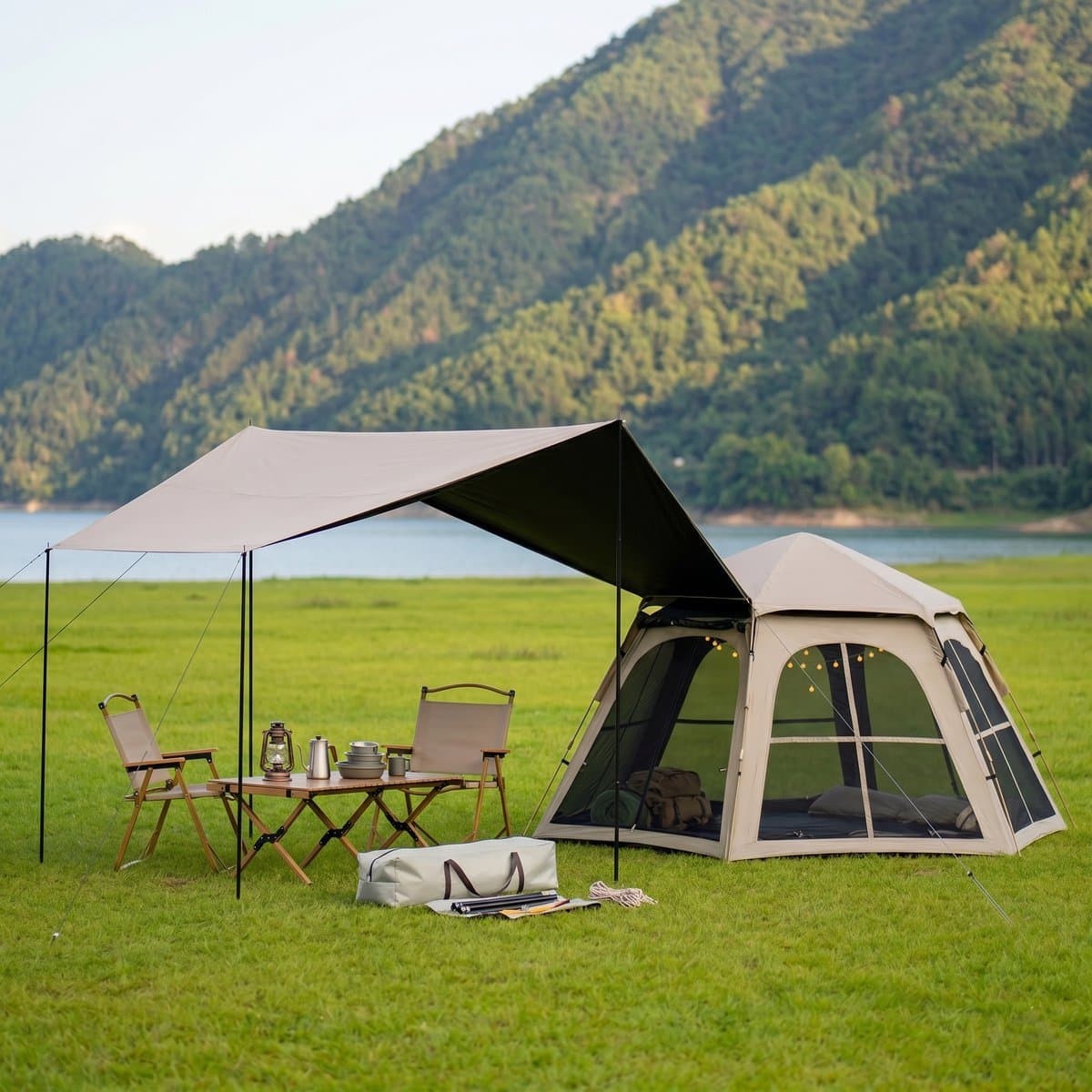Pop-up Familietent met XXL Zonnescherm - 4-Persoons Koepeltent - Opzetten in 3 Seconden - Inclusief Voorluifel voor Extra Leefruimte - Kampeertent - pop up tent voor Kamperen - festival tent + Draagtas - Kaki