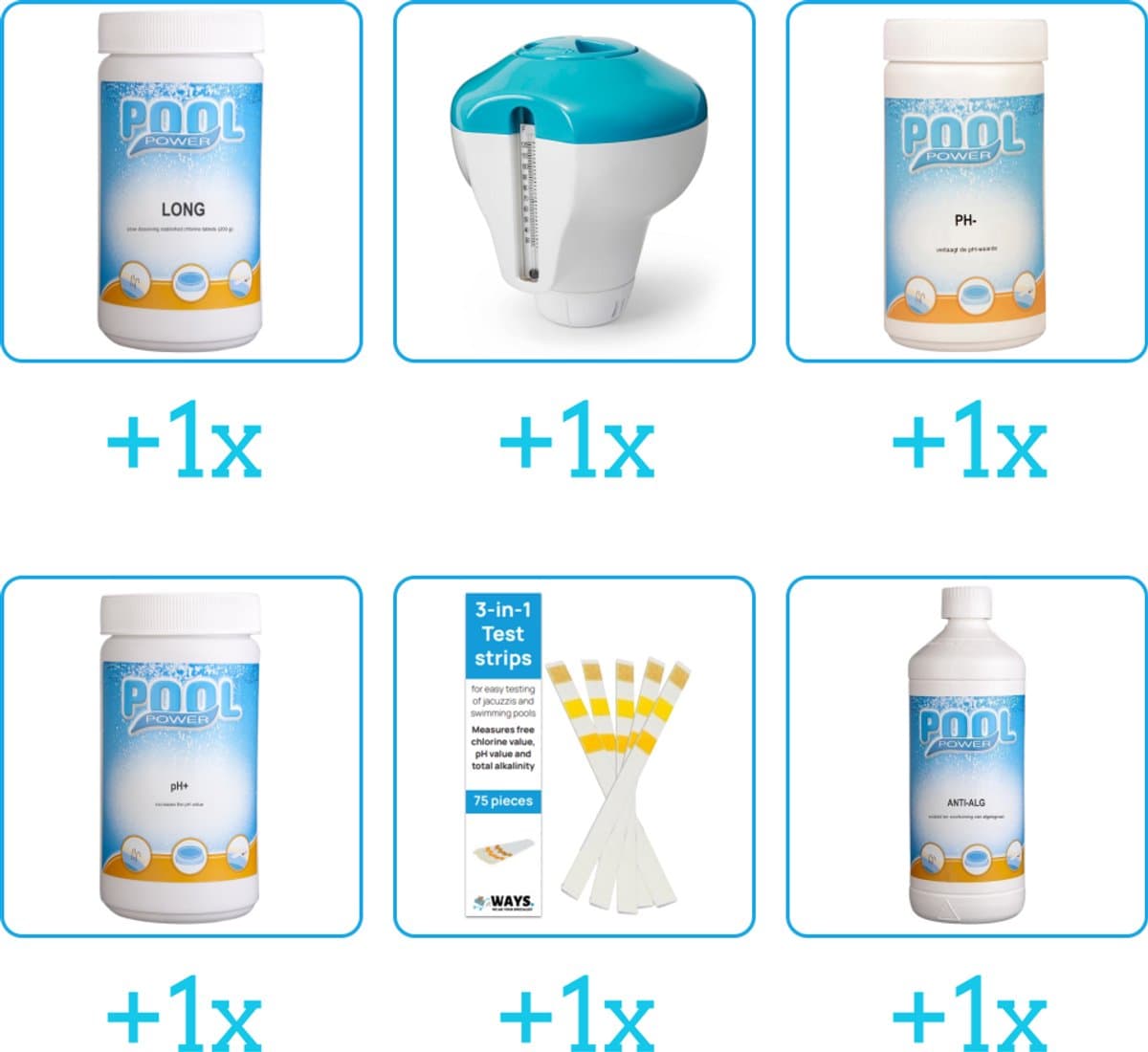 Zwembad Onderhoudspakket - Onderhoud Zwembad - bevat Chloor - Chloordrijver - PH-min - PH-plus - Testrips en Anti Alg (6-delig)