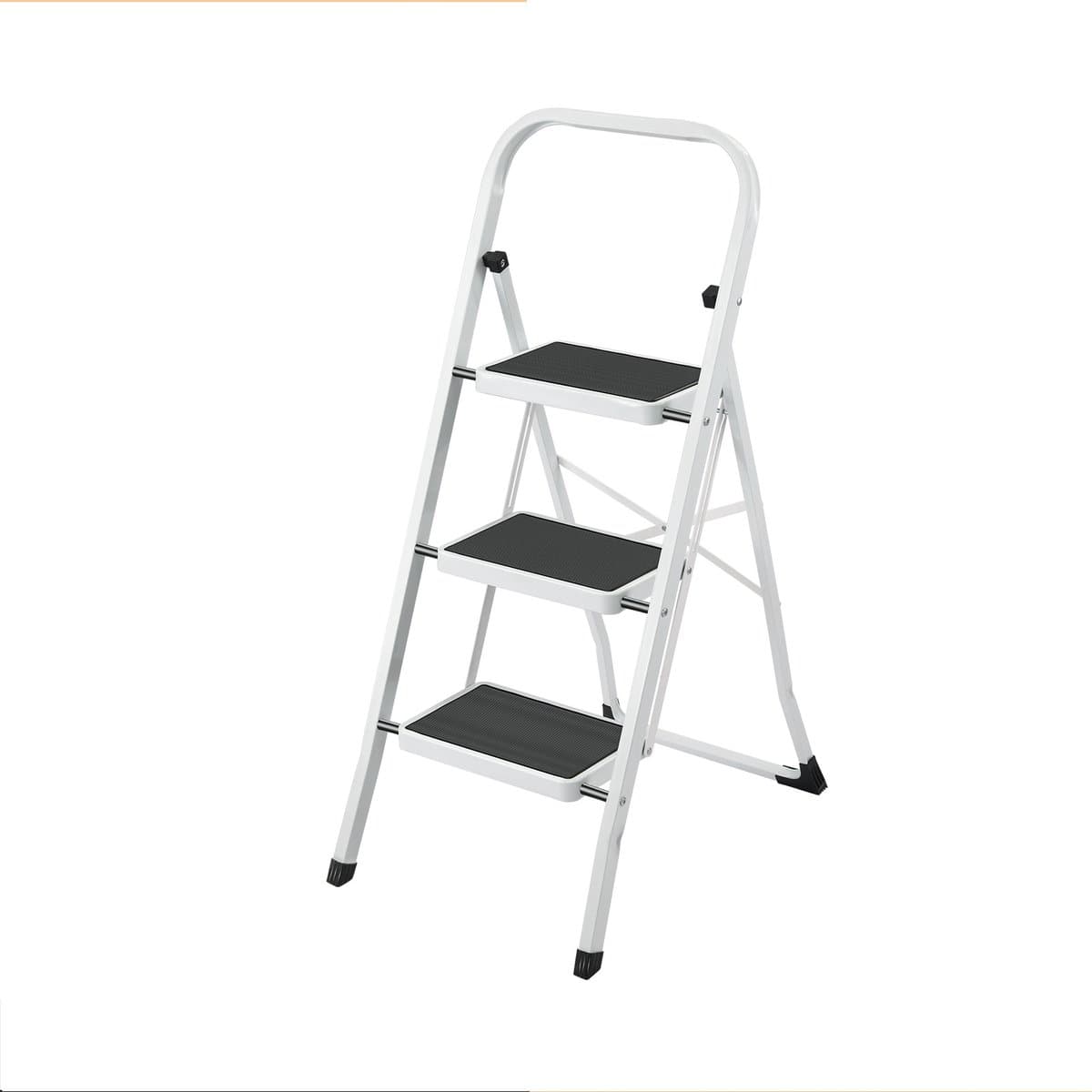 Hoppa! Keukentrapje / Huishoudtrapje - 3-Treden Ladder - Vouwladder - Sportbreedte 20 cm - Antislip Rubber - Draagvermogen 150 kg - Staal - GS-gecertificeerd - Zwart en Wit